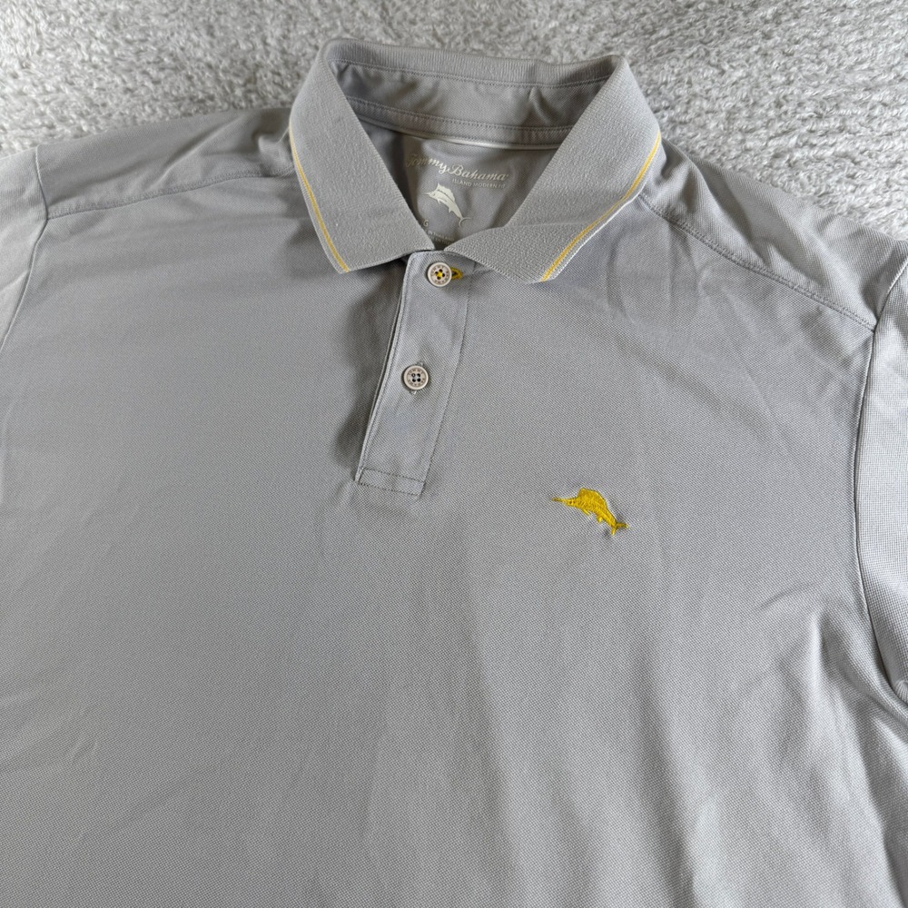 Tommy Bahama Mens Polo‎ Shirt Size Large Gray Yellow Performance Island Modern